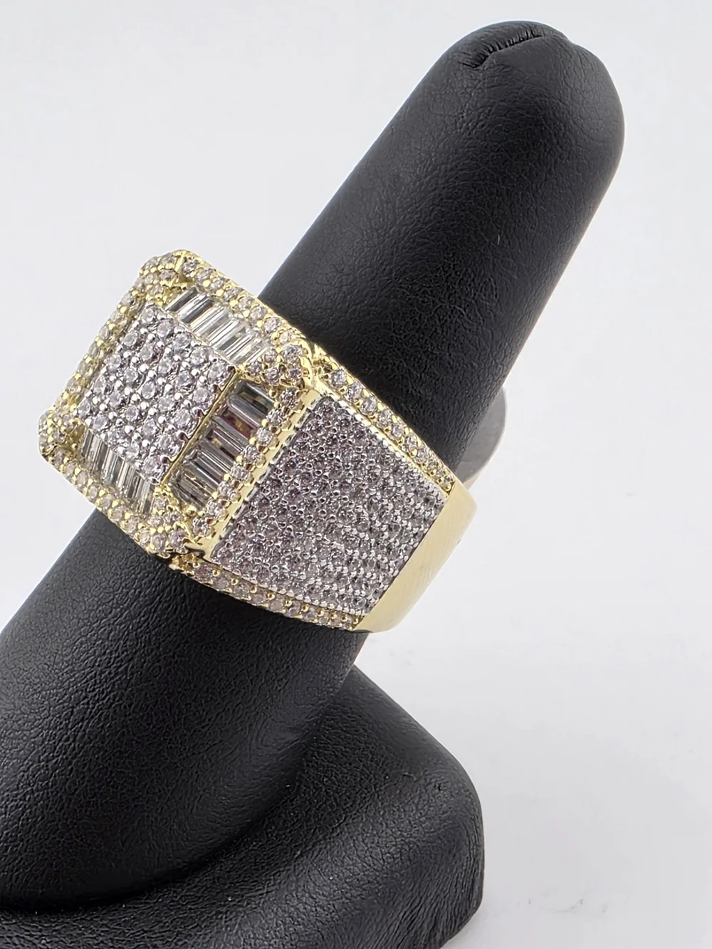 Sterling Silver 925 Gold-Tone Pave Square Statement Ring with Clear C.z Stones
